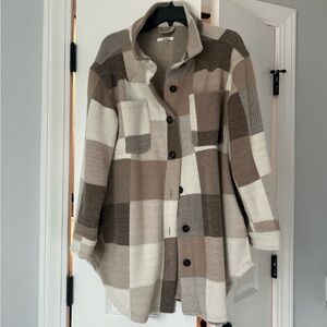 Maurice’s Sweater Coat With Collar- Checkered Pattern- Brown, Tan, Beige